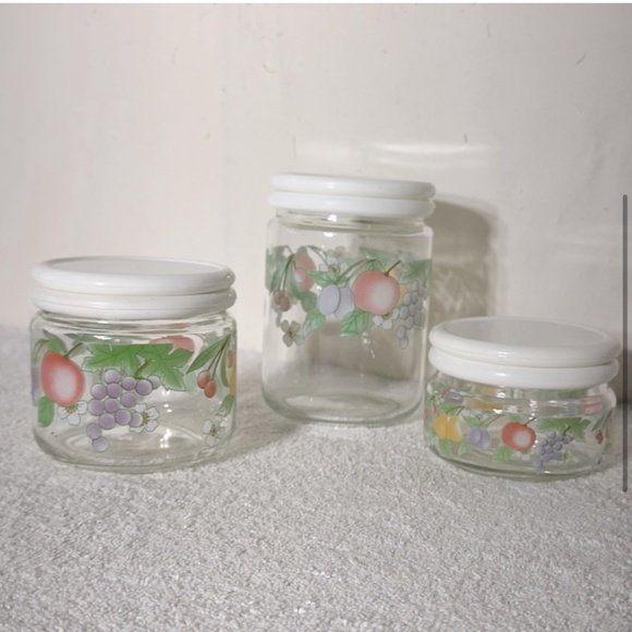 Vintage 80s KIG Indonesia Glass Fruit Flower Canister Set (3) - Picture 4 of 12